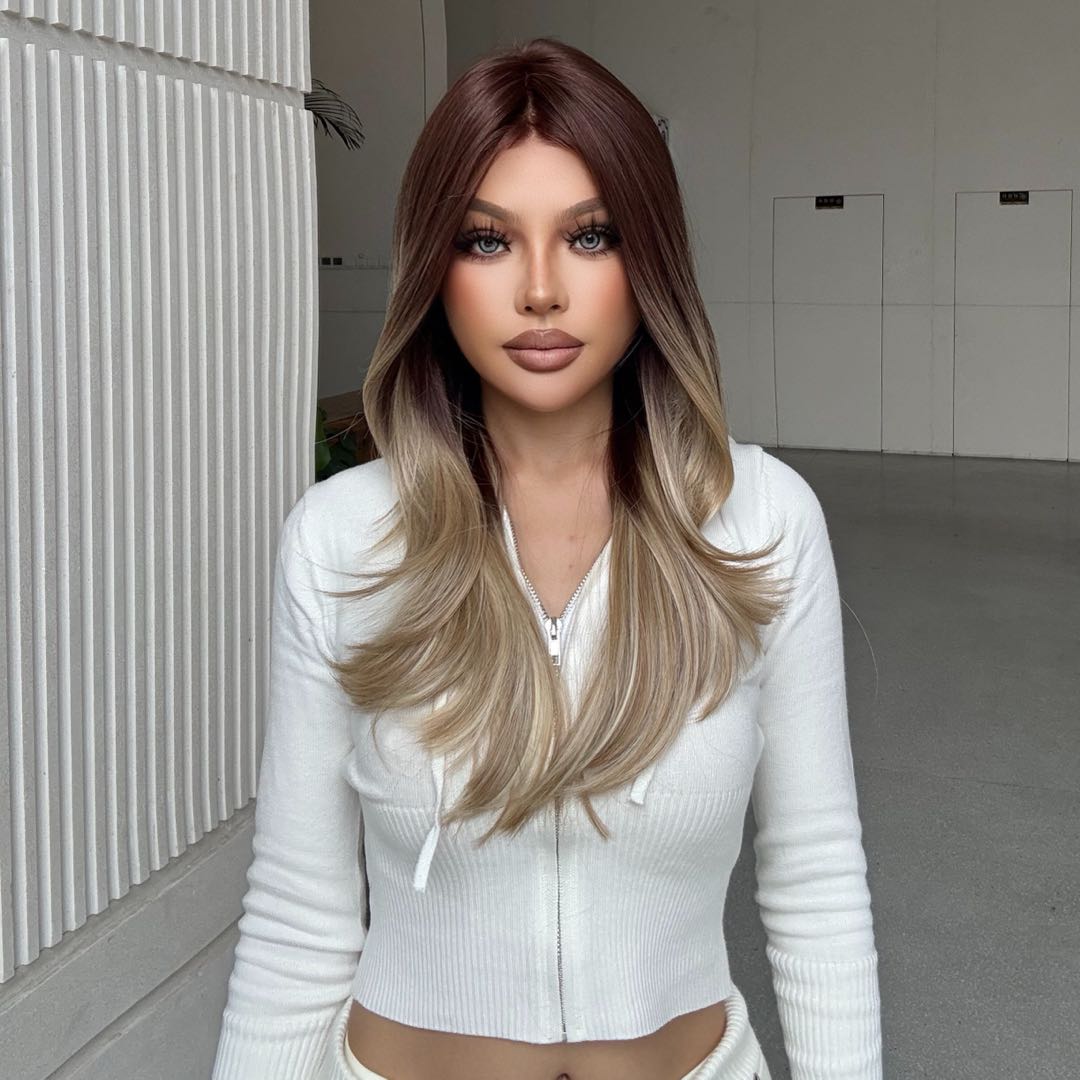 Sophia-DWY Mono Lace Front Ombre Brown Blonde Long Wavy Free Part Synthetic Wig
