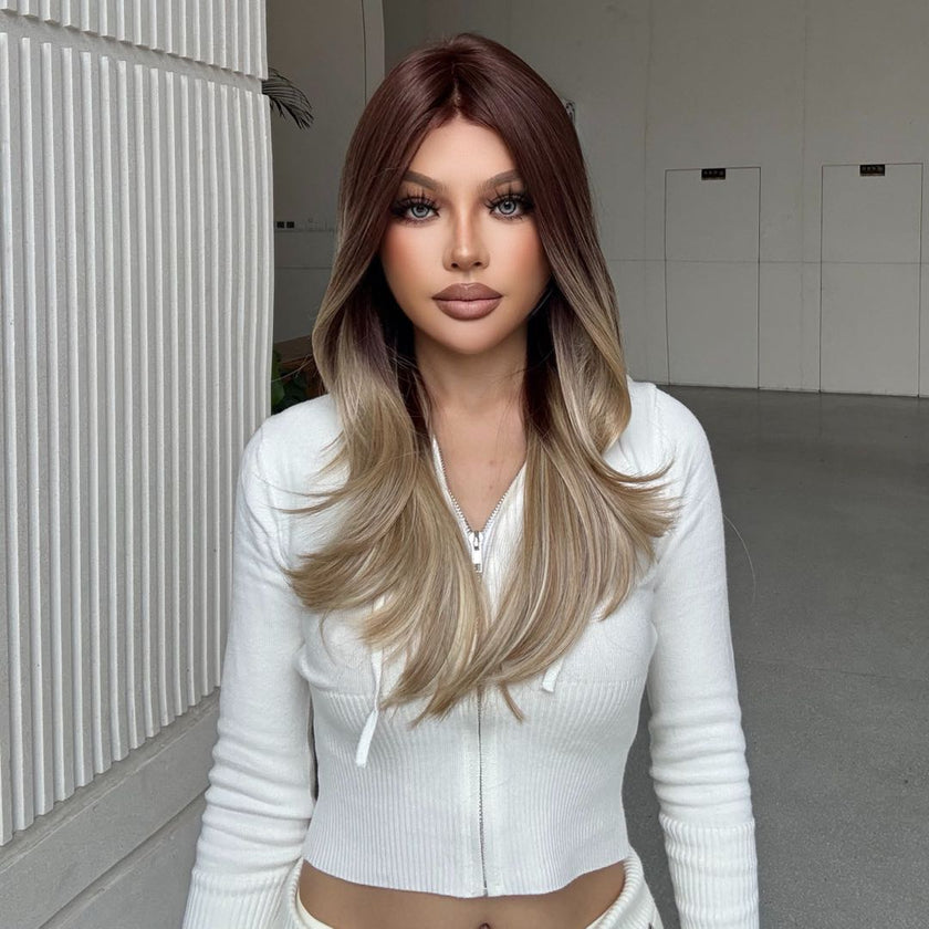 Sophia-DWY Mono Lace Front Ombre Brown Blonde Long Wavy Free Part Synthetic Wig