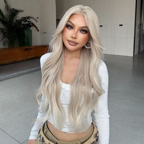 Lumi-DWY Lace Front 13×6 Platinum Blonde Wavy Free Part Synthetic Wig