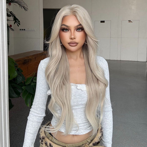 Lumi-DWY Lace Front 13×6 Platinum Blonde Wavy Free Part Synthetic Wig