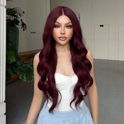 Asmaa-DWY Lace Front 13×6 Burgundy Curly Free Part Synthetic Wig