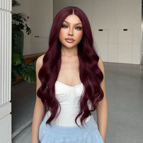 Asmaa-DWY Lace Front 13×6 Burgundy Curly Free Part Synthetic Wig