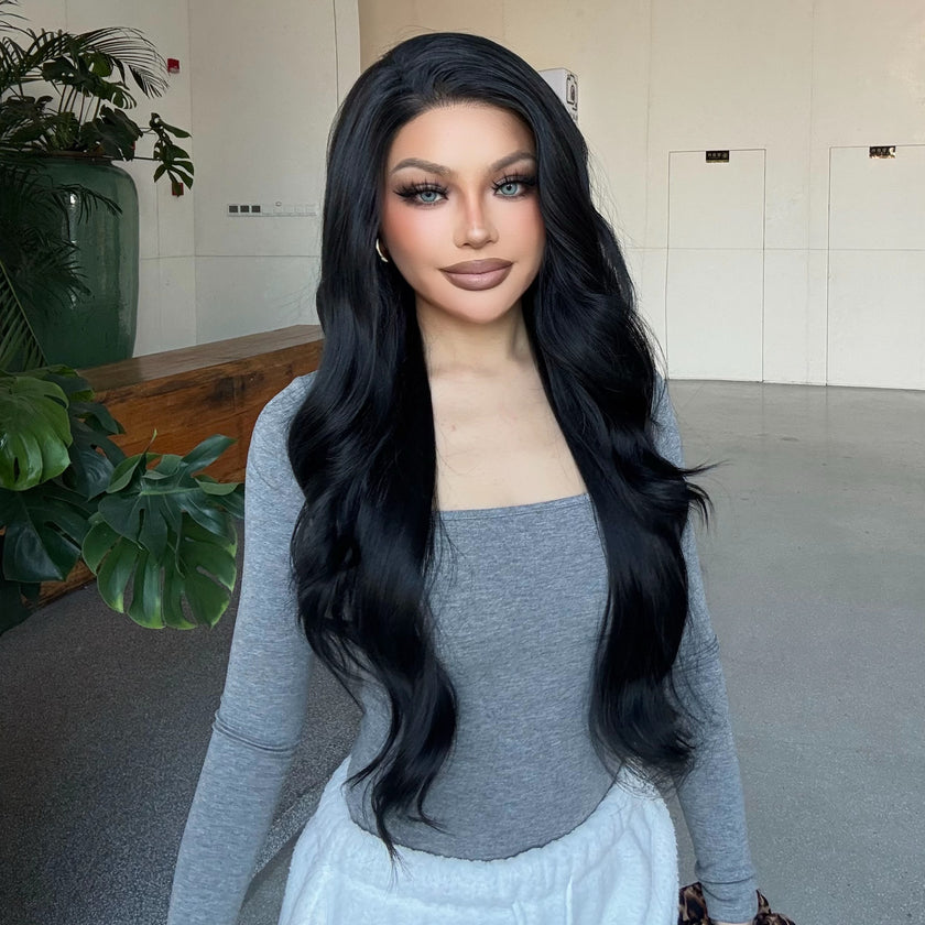 Espresso-DWY 28-Inch Lace Front Wig: Wavy Dark Brown with Highlights - Glueless Free Part Style