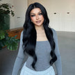 Espresso-DWY 28-Inch Lace Front Wig: Wavy Dark Brown with Highlights - Glueless Free Part Style