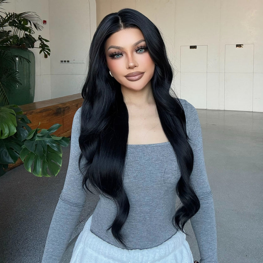 Espresso-DWY 28-Inch Lace Front Wig: Wavy Dark Brown with Highlights - Glueless Free Part Style