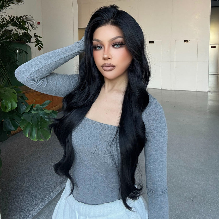 Espresso-DWY 28-Inch Lace Front Wig: Wavy Dark Brown with Highlights - Glueless Free Part Style