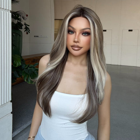 Bianca-DWY Lace Front 13×6 Balayage Blonde Brown Natural Wavy Free Part Synthetic Wig