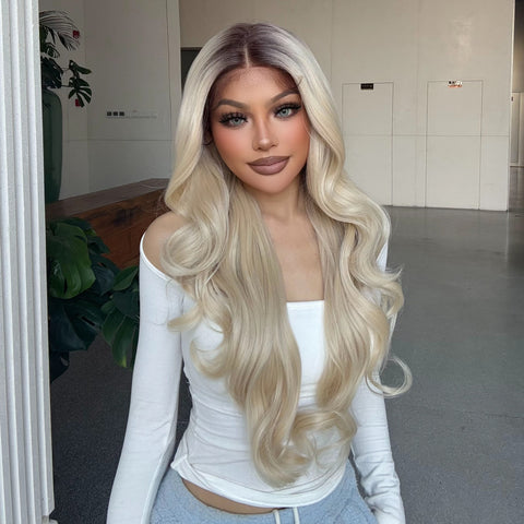 Diva-DWY Lace Front 13×6 Brunette Rooted Blonde Free Part Curly Tresses Synthetic Wig