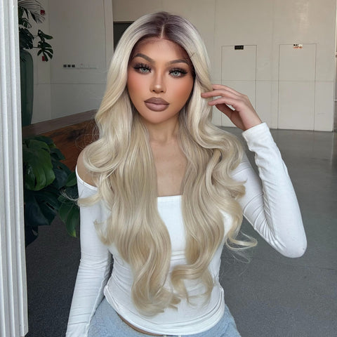 Diva-DWY Lace Front 13×6 Brunette Rooted Blonde Free Part Curly Tresses Synthetic Wig