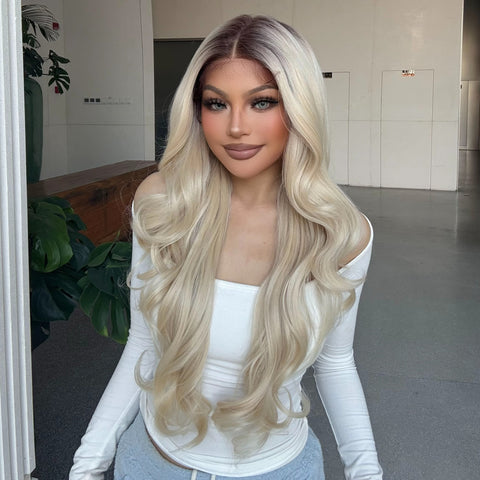 Diva-DWY Lace Front 13×6 Brunette Rooted Blonde Free Part Curly Tresses Synthetic Wig