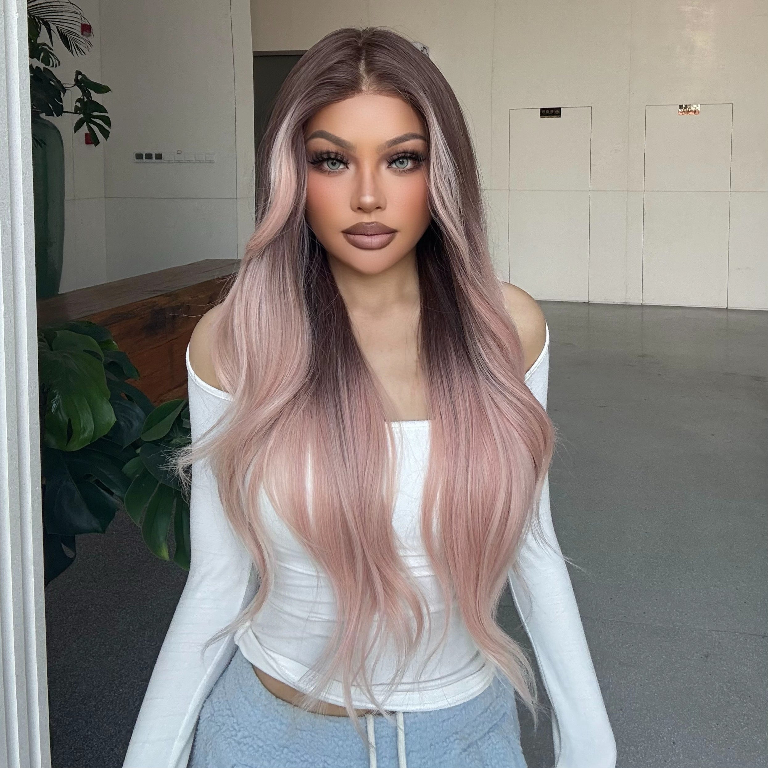 Galinda-DWY Lace Front 13×6 Free Part Ombre Pink Brown Tresses Wavy Synthetic Wig