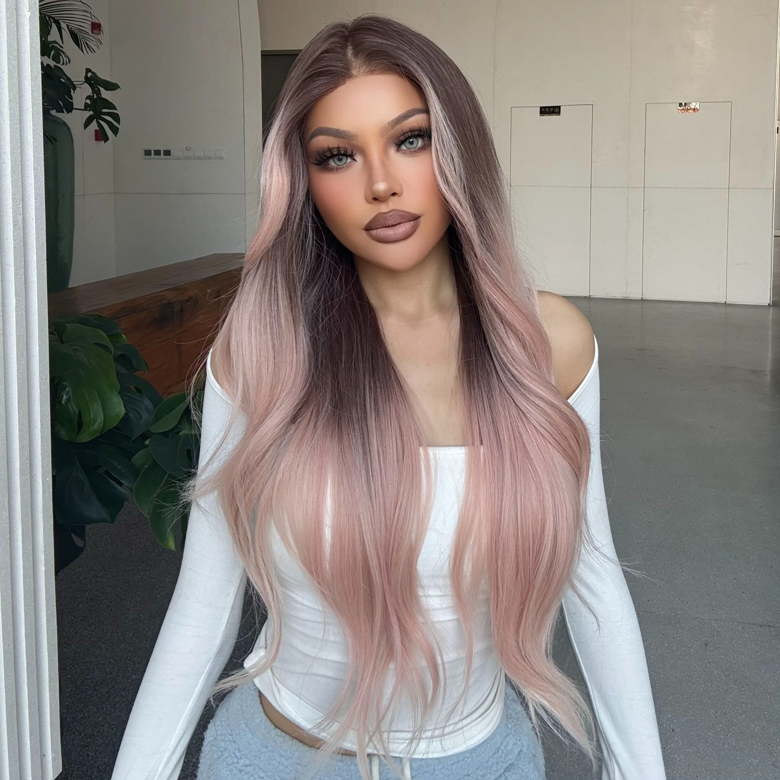 Galinda-DWY Lace Front 13×6 Free Part Ombre Pink Brown Tresses Wavy Synthetic Wig