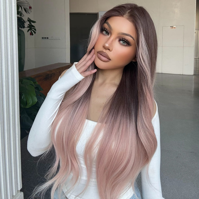 Galinda-DWY Lace Front 13×6 Free Part Ombre Pink Brown Tresses Wavy Synthetic Wig