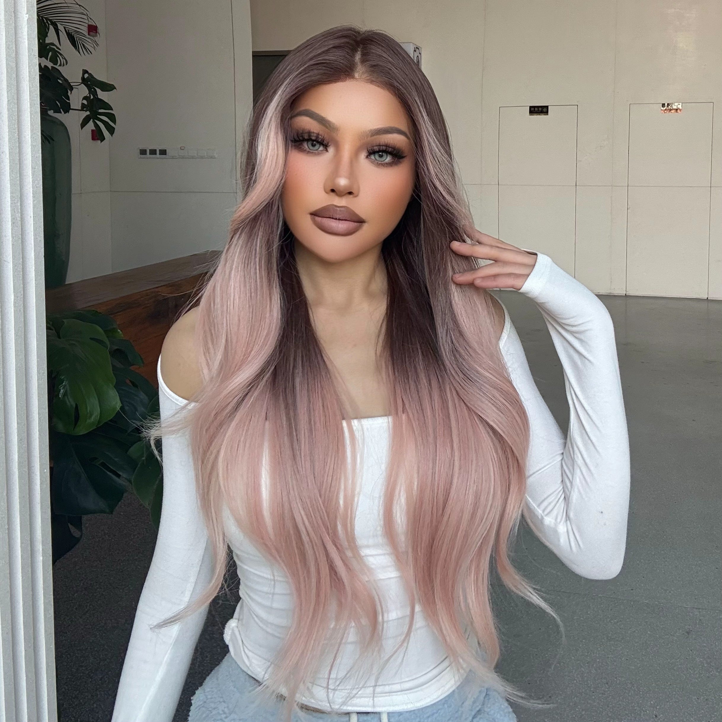 Galinda-DWY Lace Front 13×6 Free Part Ombre Pink Brown Tresses Wavy Synthetic Wig