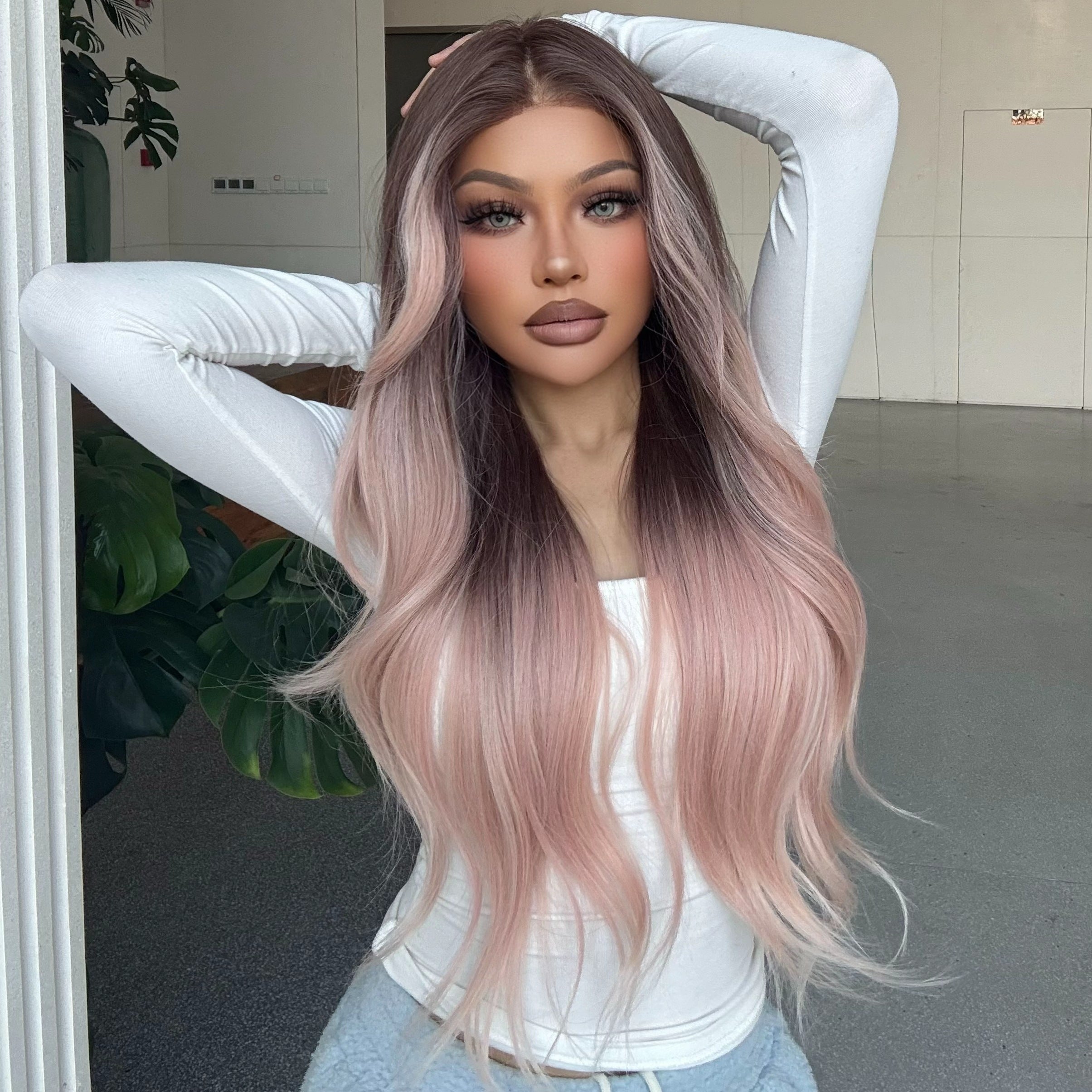 Galinda-DWY Lace Front 13×6 Free Part Ombre Pink Brown Tresses Wavy Synthetic Wig
