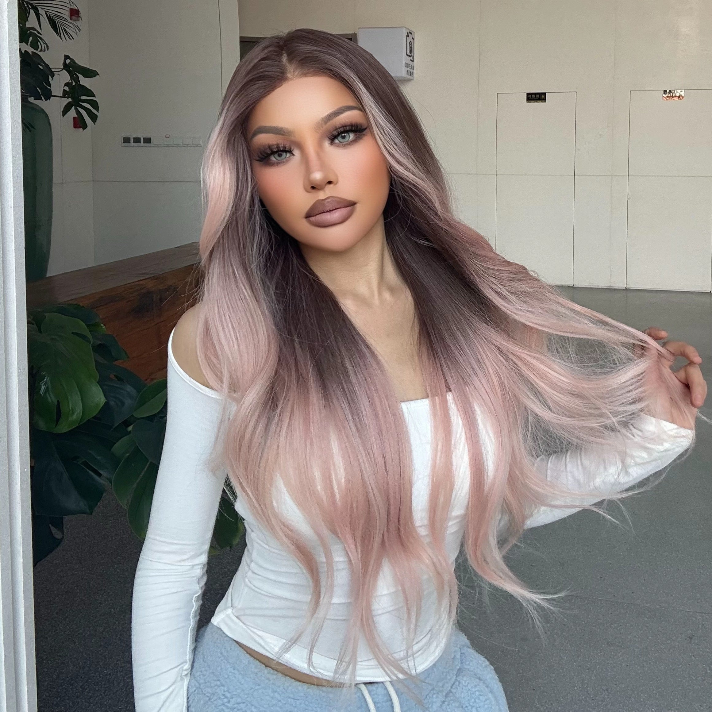 Galinda-DWY Lace Front 13×6 Free Part Ombre Pink Brown Tresses Wavy Synthetic Wig