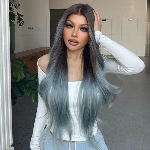 Celeste-DWY Free Part Lace Front 13×6 Ombre Light Blue Brown Wavy Synthetic Wig