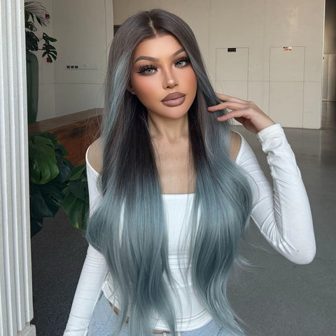 Celeste-DWY Free Part Lace Front 13×6 Ombre Light Blue Brown Wavy Synthetic Wig