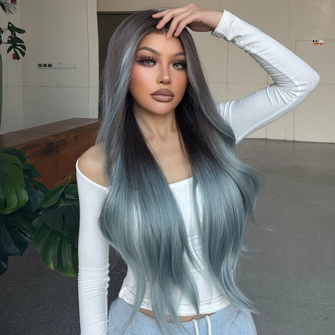 Celeste-DWY Free Part Lace Front 13×6 Ombre Light Blue Brown Wavy Synthetic Wig