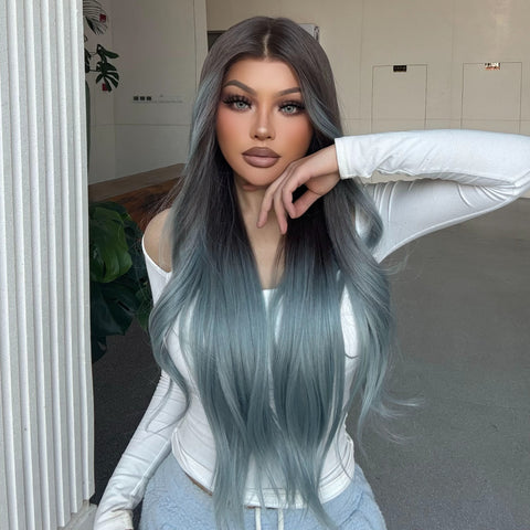 Celeste-DWY Free Part Lace Front 13×6 Ombre Light Blue Brown Wavy Synthetic Wig