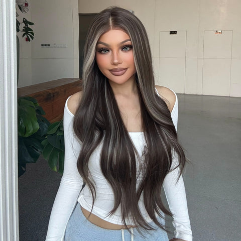 Misty-DWY Lace Front 13×6 Balayage Dark Brown Blonde Natural Wavy Free Part Synthetic Wig