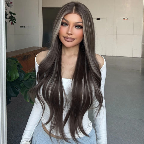 Misty-DWY Lace Front 13×6 Balayage Dark Brown Blonde Natural Wavy Free Part Synthetic Wig