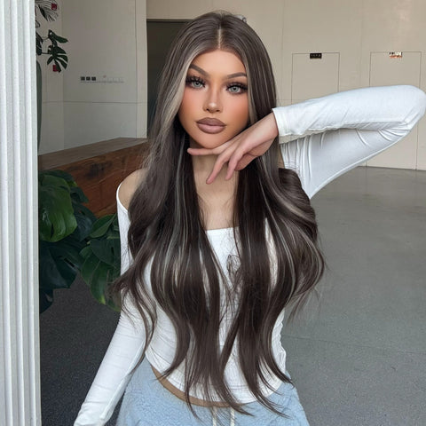 Misty-DWY Lace Front 13×6 Balayage Dark Brown Blonde Natural Wavy Free Part Synthetic Wig