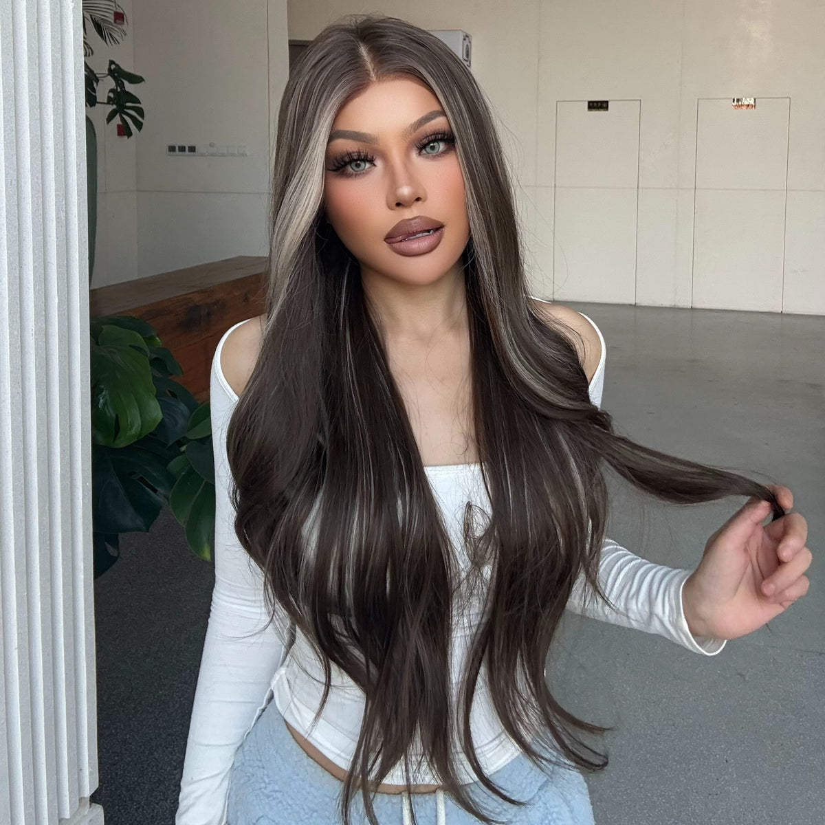 Misty-DWY Lace Front 13×6 Balayage Dark Brown Blonde Natural Wavy Free Part Synthetic Wig