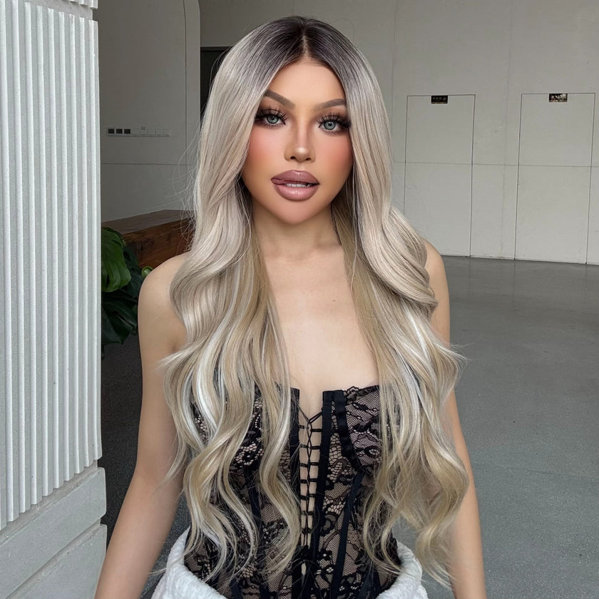 Espresso-DWY 28-Inch Lace Front Wig: Wavy Dark Brown with Highlights - Glueless Free Part Style