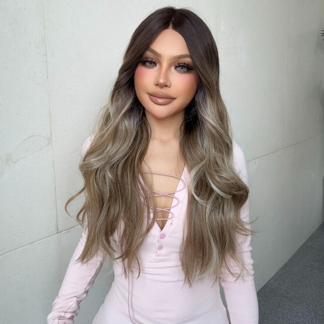 Ciara-DWY Mono Lace Front Free Part Long Wavy Ombre Brown With Blonde Synthetic Wig