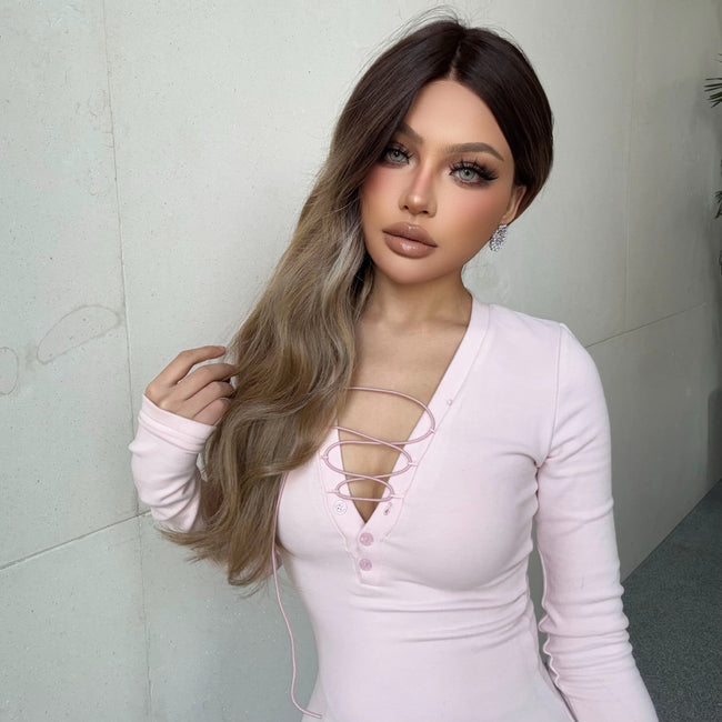 Ciara-DWY Mono Lace Front Free Part Long Wavy Ombre Brown With Blonde Synthetic Wig