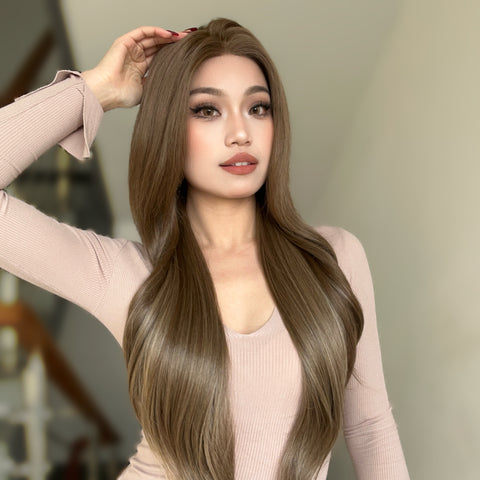 DWY New Wig Free Part Long Length Wavy Brown with Blonde Highlighted Hair Wig For Women SWLF1044-1BR30