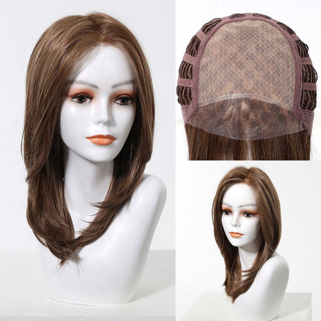 Addison-DWY 16-Inch Glueless Skin Weft Mono Lace Front Synthetic Wig - Mid-Length Brown with Highlights