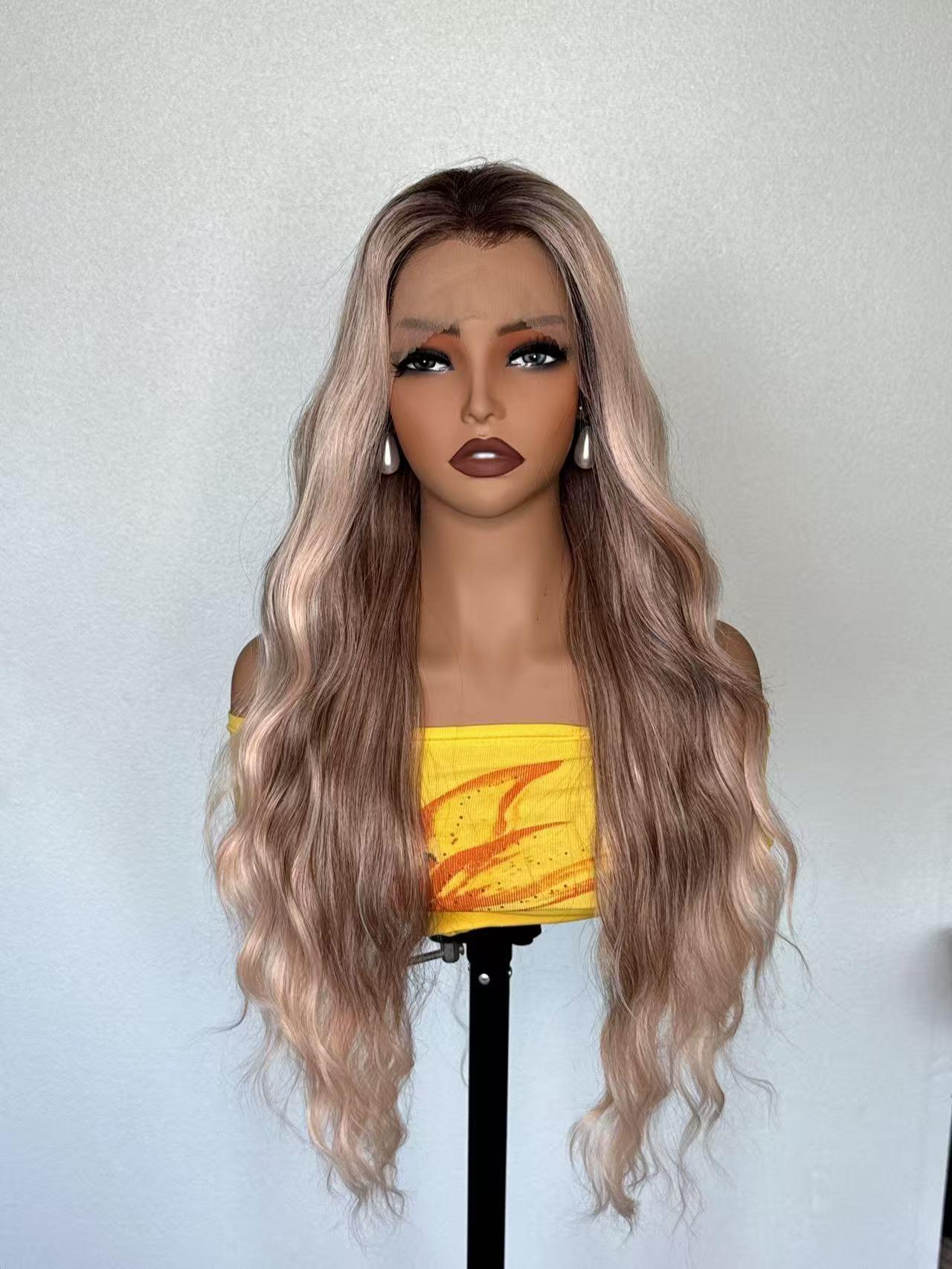 Shelly-NEW! DWY 13×4 Lace Front Free Part Long-Length Rose Gold Blonde Balayage Water Wave Glueless Synthetic Wig for Women 28 Inches Hair Replacement Wigs