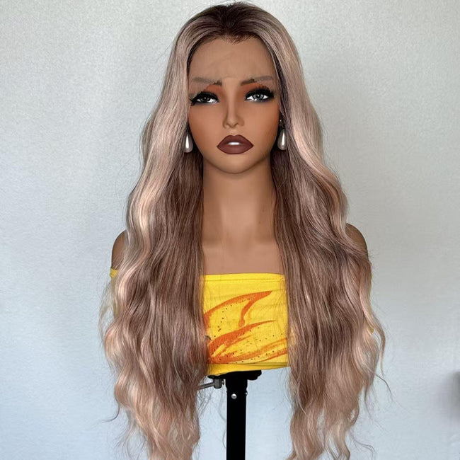Shelly-NEW! DWY 13×4 Lace Front Free Part Long-Length Rose Gold Blonde Balayage Water Wave Glueless Synthetic Wig for Women 28 Inches Hair Replacement Wigs