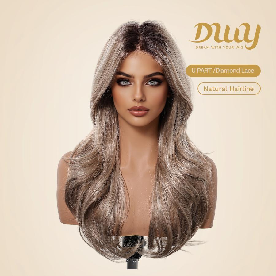 Vanessa -DWY Pre-cut U part Diamond Lace Mid length Icy Beige Blonde Body Wave Hair Glueless Synthetic Wigs for Women 22 Inches
