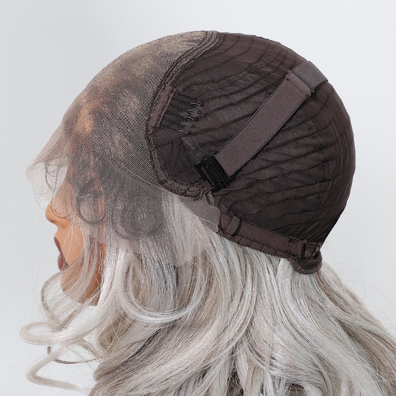 DWY Silver Gray Lace Wig with Bangs – Wavy Curly Heat-Resistant Synthetic Hair