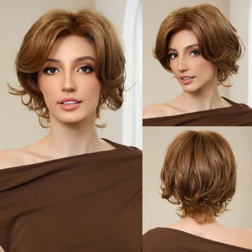 Faye-DWY Mono Lace Free Part Short Curly  Brown Glueless Synthetic Wig