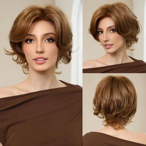 Faye-DWY Mono Lace Free Part Short Curly  Brown Glueless Synthetic Wig