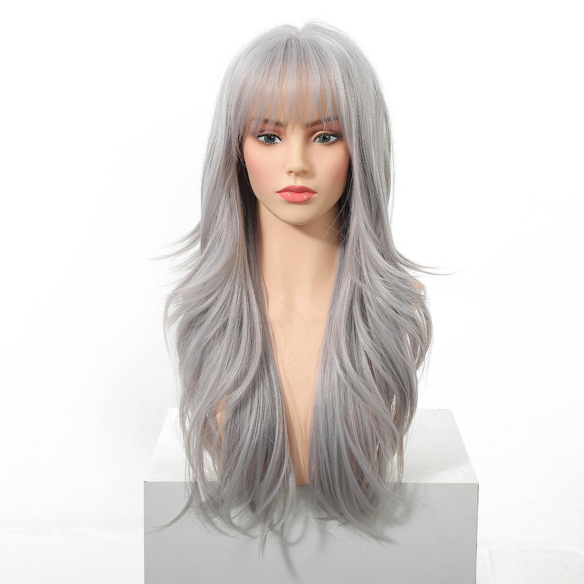 Caroline- 26-Inch Long-Length Body Wave Silver Grey Wig with Glueless Large Area Simulated Scalp