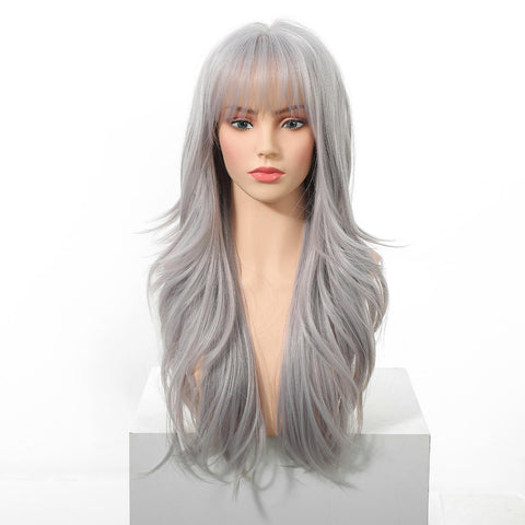 Caroline- 26-Inch Long-Length Body Wave Silver Grey Wig with Glueless Large Area Simulated Scalp
