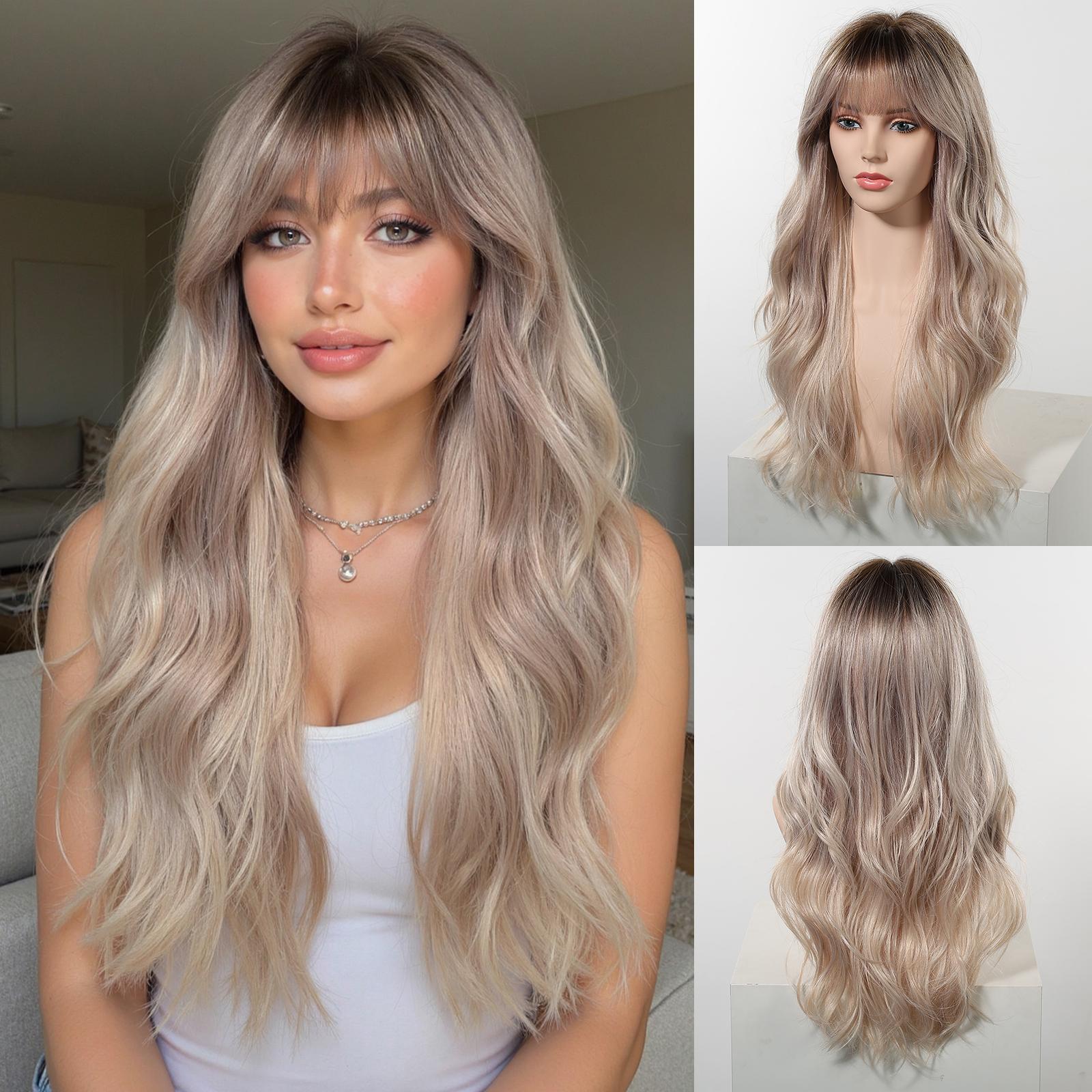 A split-view image featuring the same long, wavy blonde wig with dark roots and bangs. On the left, a smiling woman models the wig, wearing a white tank top and a silver necklace. On the top right, a front view of the wig is shown on a female mannequin head. On the bottom right, a back view of the wig is shown on a mannequin head. The wig style is consistent across all views. The overall aesthetic is natural and stylish.