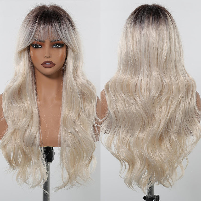 A dual-view product photograph of a long, wavy icy platinum blonde wig with dark roots on a mannequin against a white background. The front view features soft bangs, while the back displays voluminous waves.