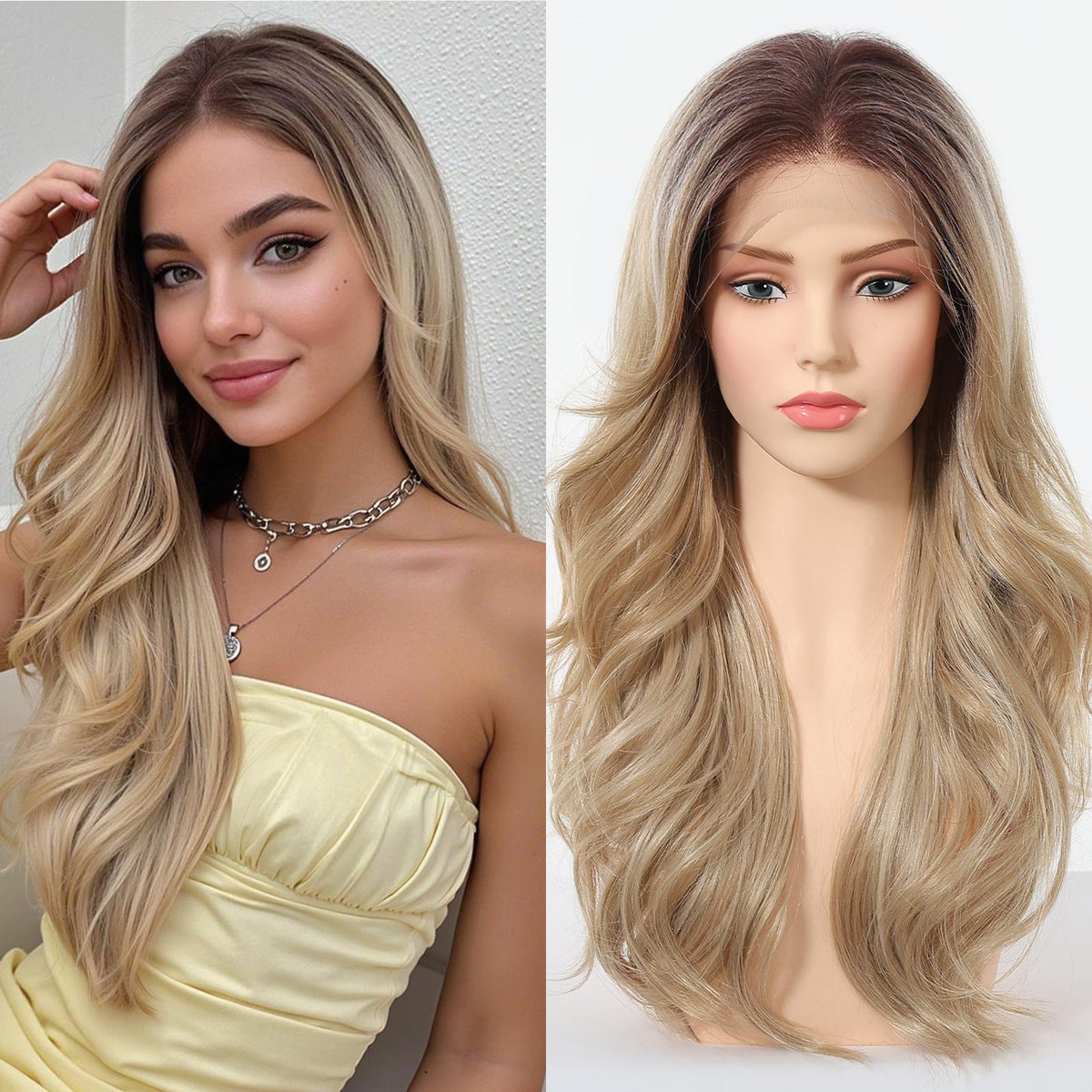 DWY Barbara-DWY 13x4 Filter Lace Front Free Part Long-Length Wavy Blonde with Dark Roots Glueless Synthetic Wig