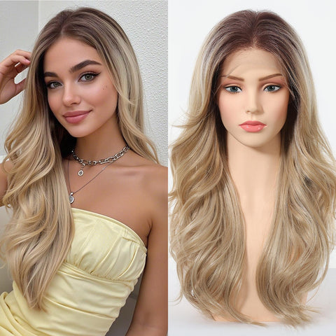 DWY Barbara-DWY 13x4 Filter Lace Front Free Part Long-Length Wavy Blonde with Dark Roots Glueless Synthetic Wig