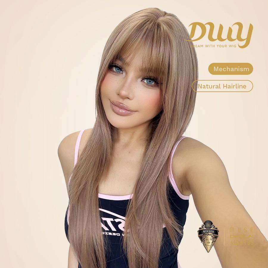 Liza H-DWY Mid-Length Straight Pink Bionde with Bangs Glueless Synthetic Wig for Women 24 Inches Snug Fit Wig Loose Wave Wigs