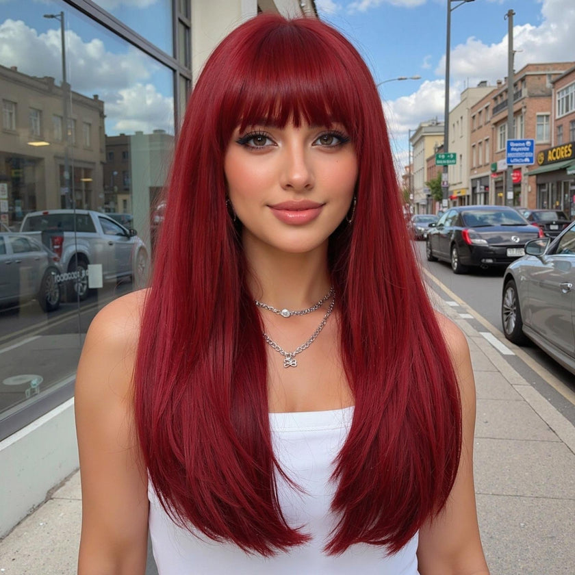 [LIMITED CLEARANCE]  DWY Machine Made Red Synthetic  Wig Realistic Cute Hair Glueless Synthetic Wig for Women 24 Inches