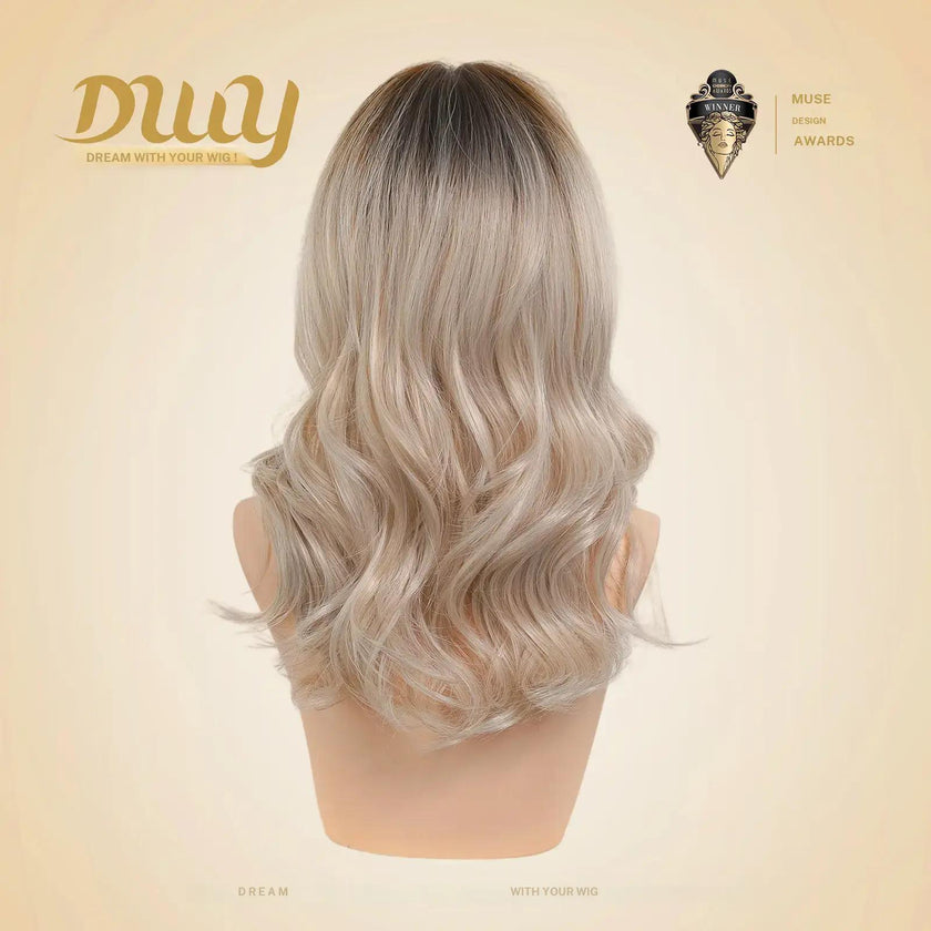 Gwen NEW CRAFT! [GEN4 cashmere Bionic Silky Top] 18 Inch Long Feathered Layerst Blonde With Dark Roots Glueless Synthetic Wig with Bangs for Women High Quality soft texture Easy Wear Comfortable Fit