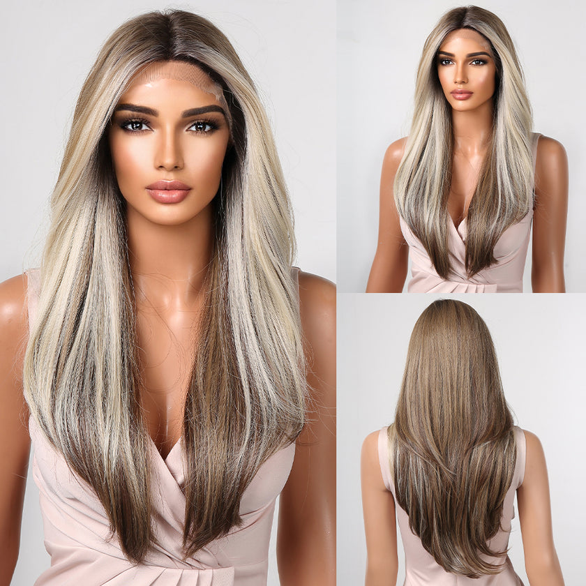 Bianca-DWY Lace Front 13×6 Balayage Blonde Brown Natural Wavy Free Part Synthetic Wig