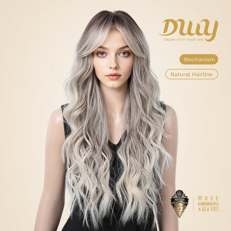 Vera-DWY Long Curly Rooted Gray Ivory Glueless Synthetic Wig